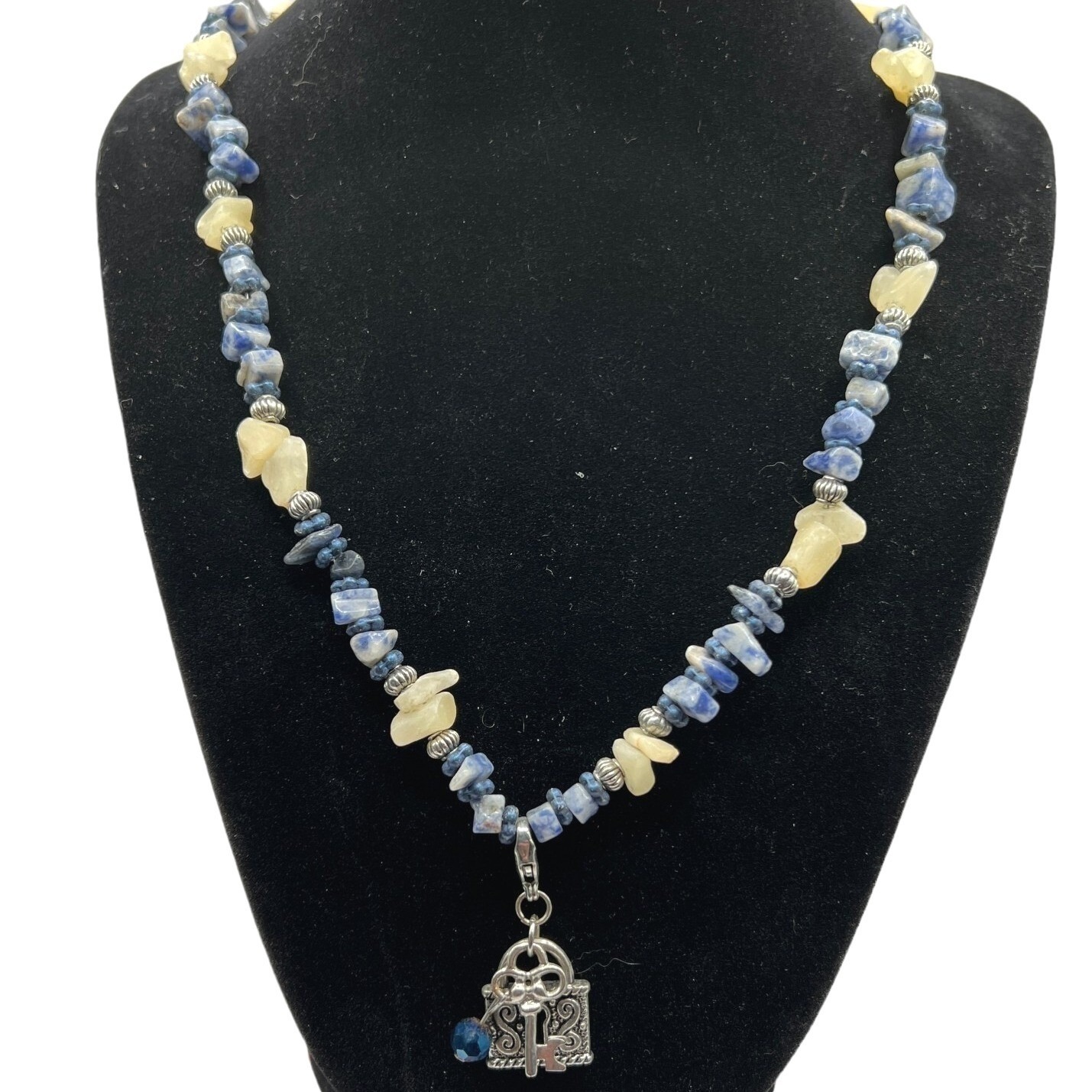 Handmade Necklace Blue White Stone Chips Silver Tone Beads Lock Key Pendant